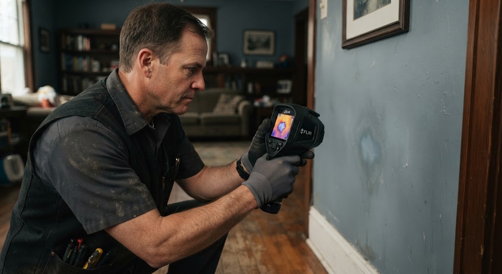Technician using thermal imaging camera for hidden water leak detection in South Brunswick NJ