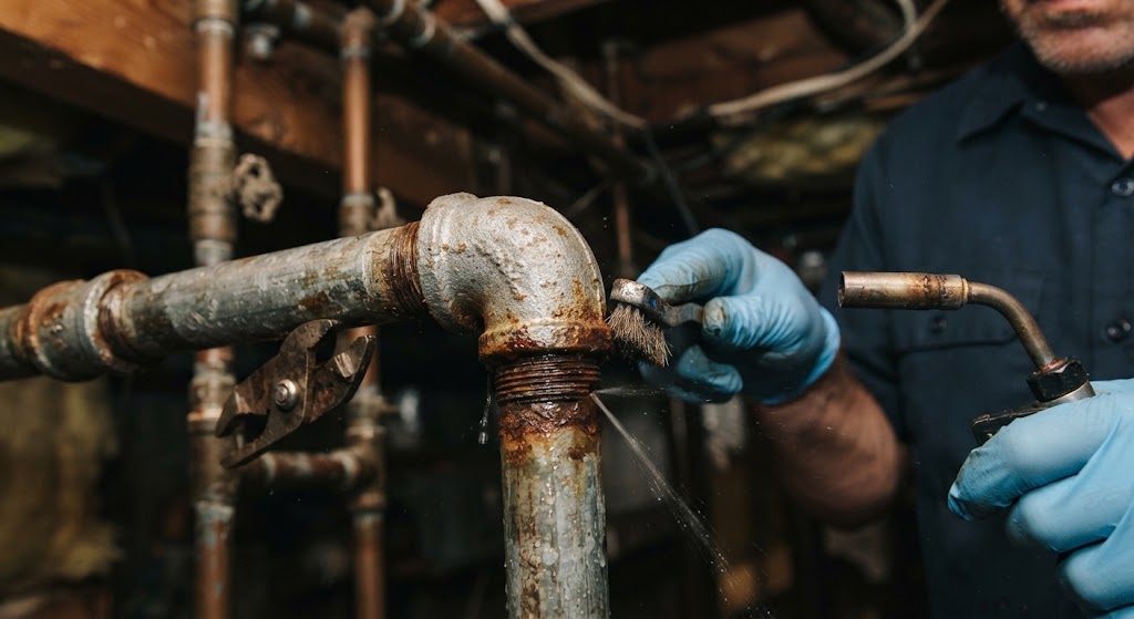 Plumber soldering a new copper pipe fitting for pipe leak repair in South Brunswick NJ